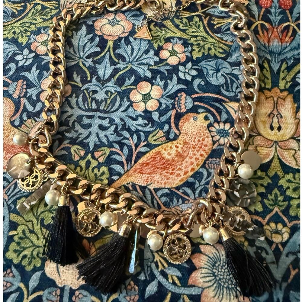 GUESS Gold Thick Chain Logo Charms Black Tassel Statement Necklace Sz. 18”+2”